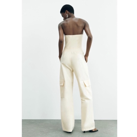NWT Zara Strapless Wide Leg Cargo Jumpsuit in Off-White - Picture 8 of 16
